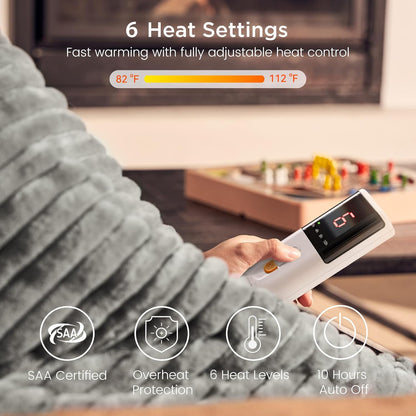 Heated Blanket Electric Throw - Ribbed Faux Fur Electric Blanket, 130X160Cm Heating Blanket with 10 Time Settings & 6 Heat Settings,Overheat Protection Machine Washable(Gray)