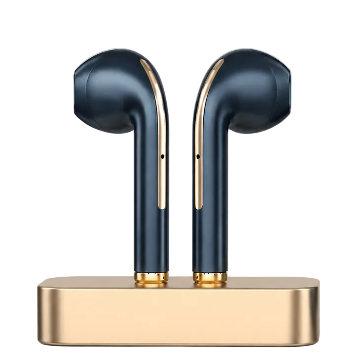 Blue wireless earbuds with charging case on a white background